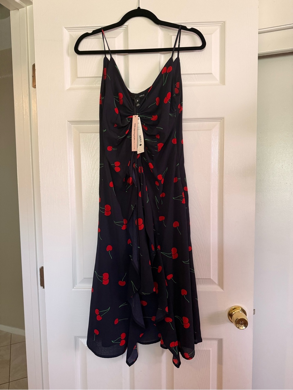 Aqua Navy Cherry-Print Midi Slip Dress